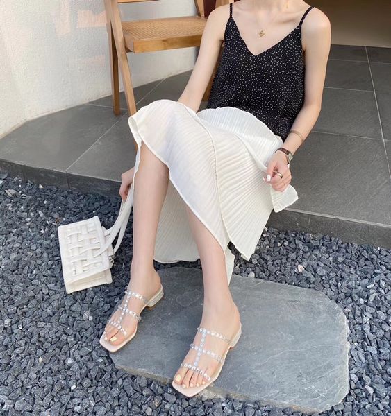

2020 summer new fashion wild thick with open-toed sandals transparent rhinestone slippers women high heels ins tide, Black