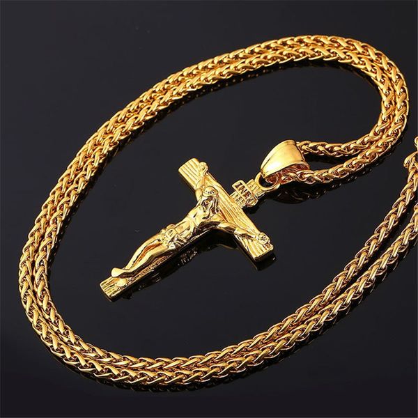 

Золотая Цепочка Для Мужчин Иисус Кусок Модный 18 К Позолоченный Из Нержавеющей Стали INRI Распятие Крест Ожерелье Мужчины Ювелирные Изделия