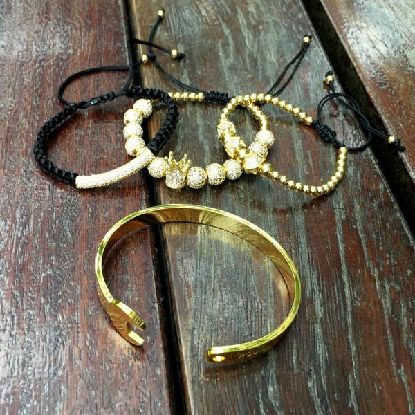 

punk hip hop 4pcs/set stainless steel spanner bracelet men micro cz gold ball bracelets women luxury jewelry pulseira bileklik, Black