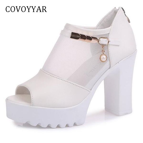 

covoyyar 2018 elegant pearl ankle boots women summer platform block high heels peep toe metal decor lady pumps wbs1118, Black