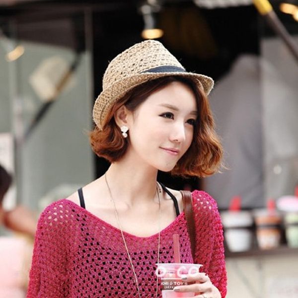 

summer pepper female linen hollow breathable straw straw hat jazz hat, Blue;gray