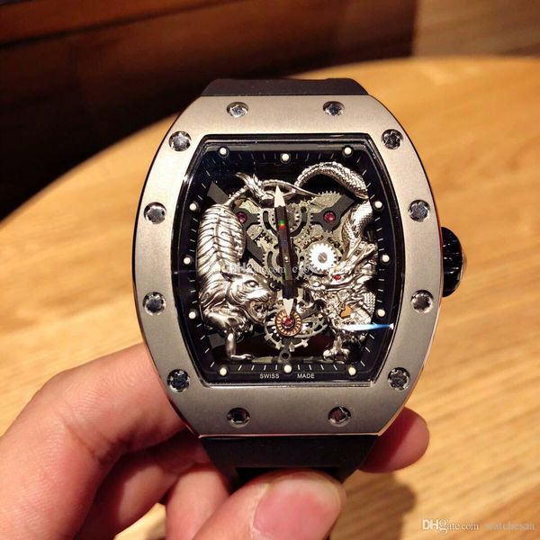 

luxury watch, the latest dragon and tiger fighting wind, imported original mechanical movement, original discount, rubber belt, size 43 mm, Slivery;brown