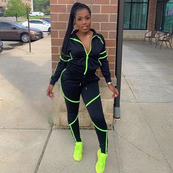 

ladies fashion running set women solid color stitching pocket zipper two-piece set long sleeve + pants puls#, Black;blue
