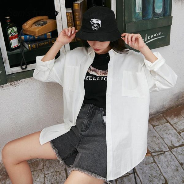 

sam's tree white solid single breasted casual shirts women 2020 spring green pure high low long sleeve female korean daily top