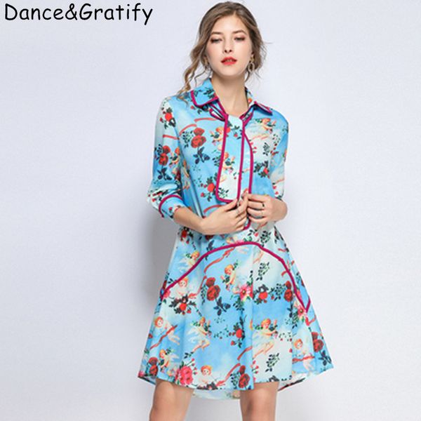 

women brand designer print rose baby runway dress new 2019 summer turn-down collar bowtie party dress, Black;gray