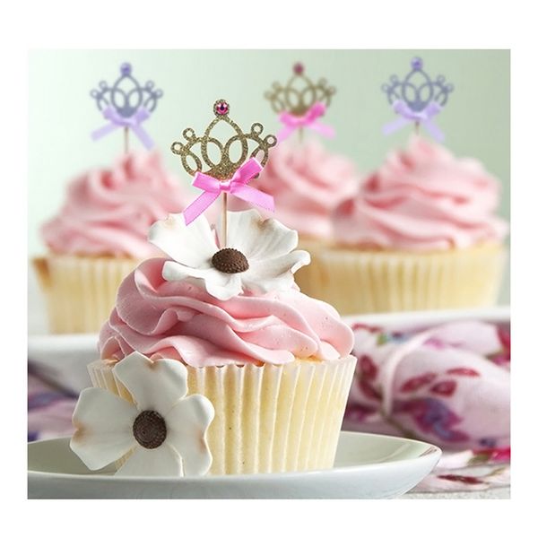 

1set princess crown cake decoration cake er cupcake ers with ribbon bowknot wedding party birthday dessert picks