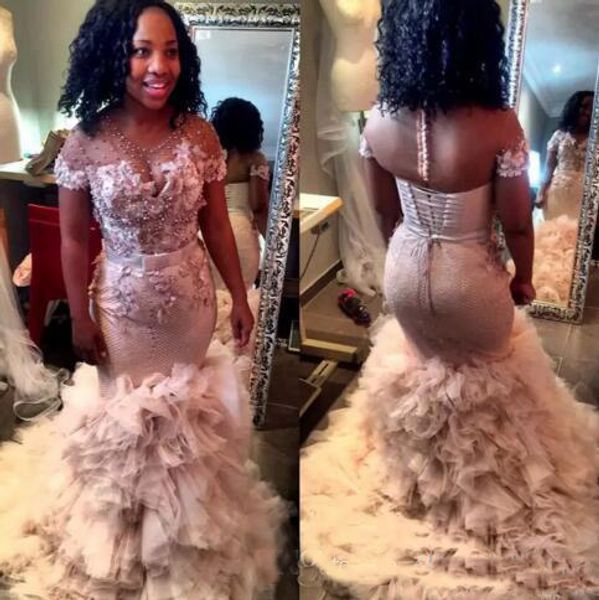 

Luxurious 2018 Arabic Blush Wedding Dresses Sheer Neck Pearls Lace Tulle Bridal Dresses Mermaid Wedding Gowns Vestidos de novia