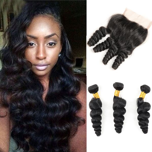 8a Brazilian Loose Wave With Closure Hair Bundles With Free Middle