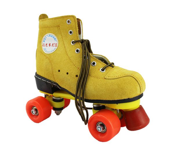 

women female double line indoor quad parallel skates shoes patines boots 4 wheels pu with brake wear-resisting yellow