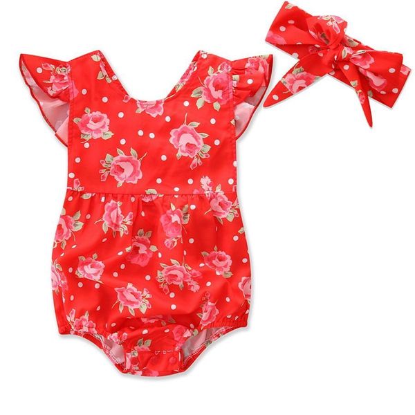 

2019 новые cute babies bodysuit малыша девушки цветочные печати красный комбинезон bodysuits головная повязка 2pcs прекрасные kid одежда out, Blue