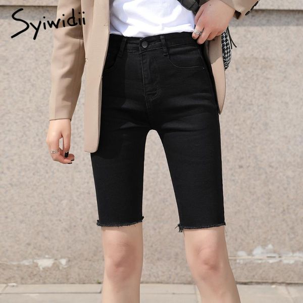 

women's shorts stretch plus size high waist black jean white denim short skinny casual solid korean fashion street style, White;black