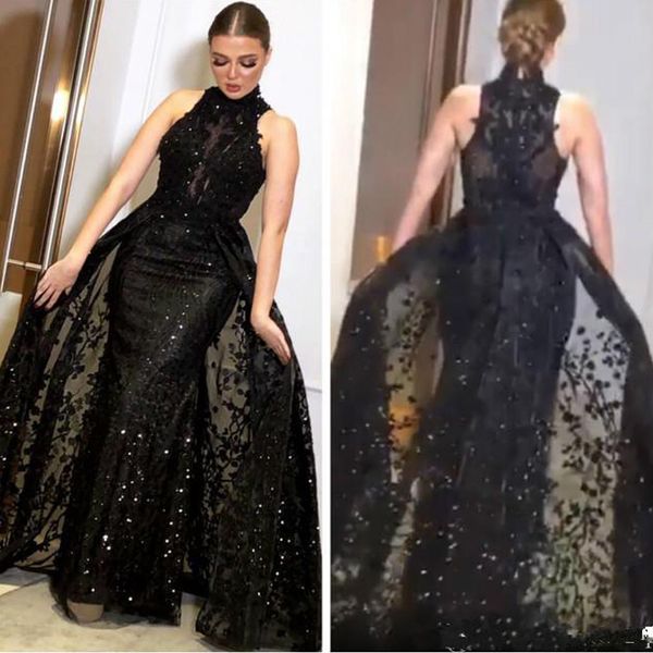 

2020 arabic aso ebi black sparkly evening dresses mermaid lace prom dresses high neck formal party second reception gowns, Black;red