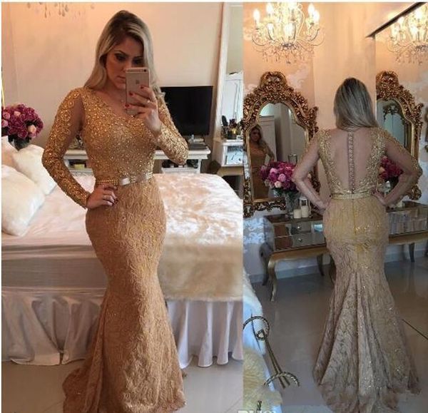 

Gold Illusion Sheer Long Sleeve Mermaid Evening Dresses Beaded Full Lace Applique Prom Dress Luxury Custom Made Formal Party Gowns