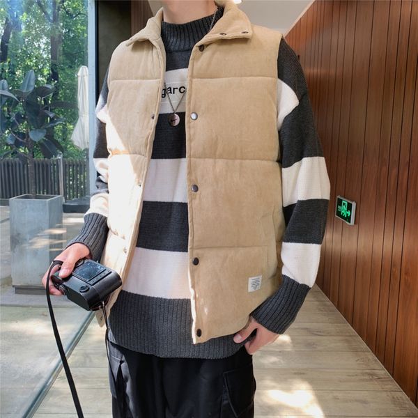 

winter corduroy jacket vest men warm fashion thick solid color casual cotton vest man streetwear wild loose sleeveless jacket, Black;white