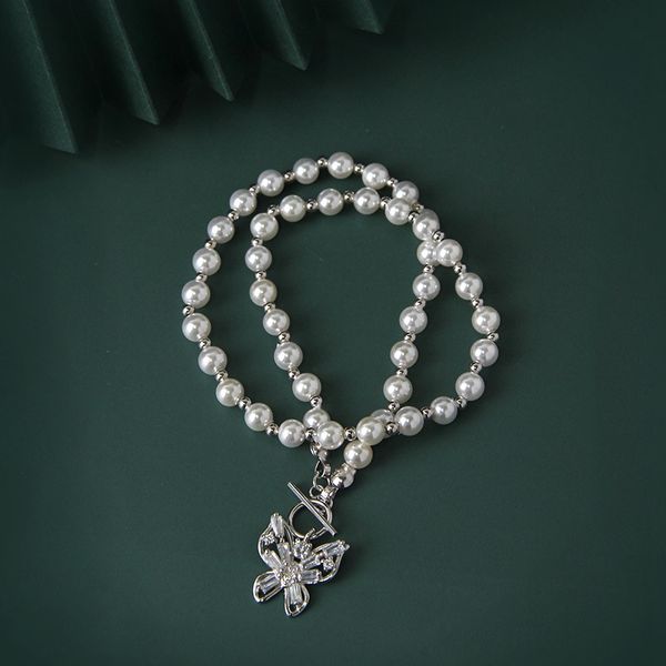 

elegant butterfly pendant necklace 925 sterling silver choker necklace round pearl zircon for women fashion jewelry 925, Golden;silver