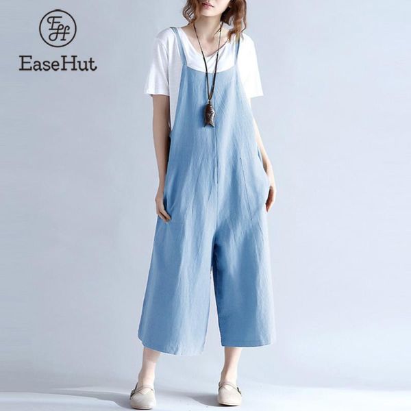 

easehut plus size women cotton pockets long wide leg romper strappy dungaree overalls casual loose solid jumpsuit trousers 5xl, Black;white
