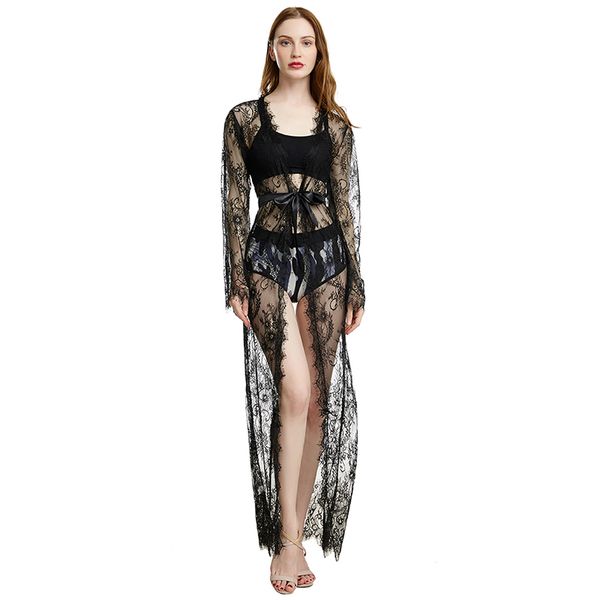 

cover-ups summer women's solid color stitching lace long-sleeved cardigan with waistbelt beach sun protection suit withthong