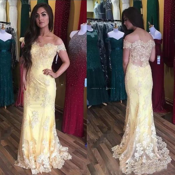 

yellow lace mermaid prom dresses long off shoulder short sleeves sheer back evening party gowns, Black
