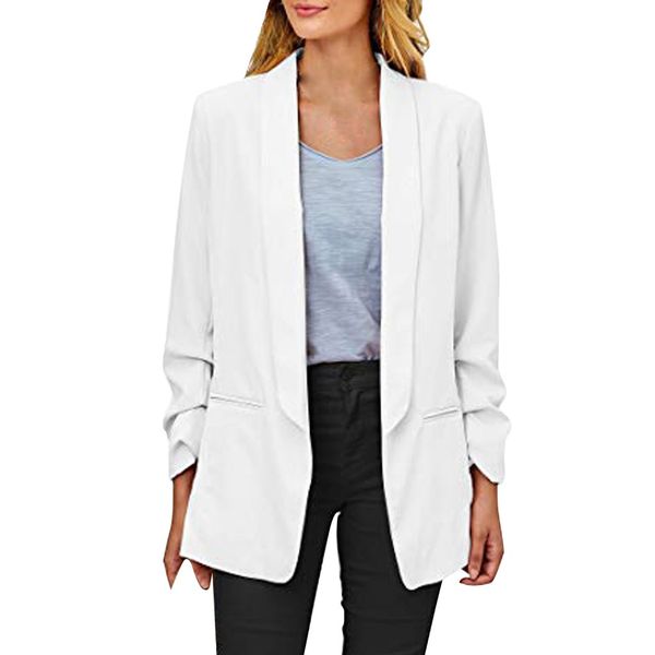 

womens casual blazer ruched long sleeve open front fit office cardigan jacket cotton polyester turn-down collar lightweight ymp, White;black
