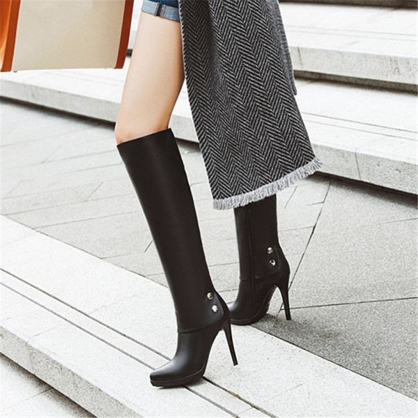 

pxelena stiletto heels knee high boots ladies winter shoes zip metal decor party dress date long boots black plus size 43