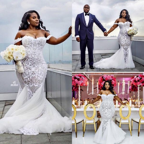

luxury full lace mermaid wedding dresses sweetheart ruffles south african off shoulder long bridal gown plus size robe de mariee bm15, White