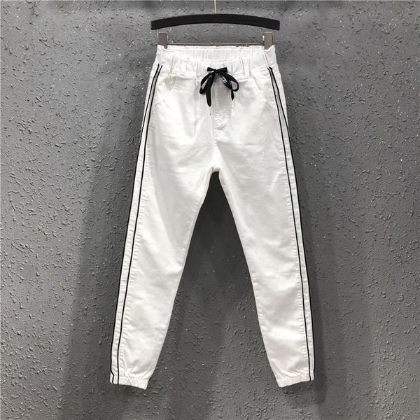 

2019 spring summer women causal high waist white jeans korean fashion elastic waist jeans trousers slim plus size female ok866, Blue