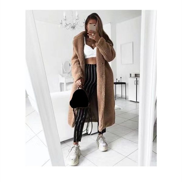 

women solid turn-down collar loose faux fur jackets 2019 vintage casual long coat thick warm fur autumn plus size outwear, Black