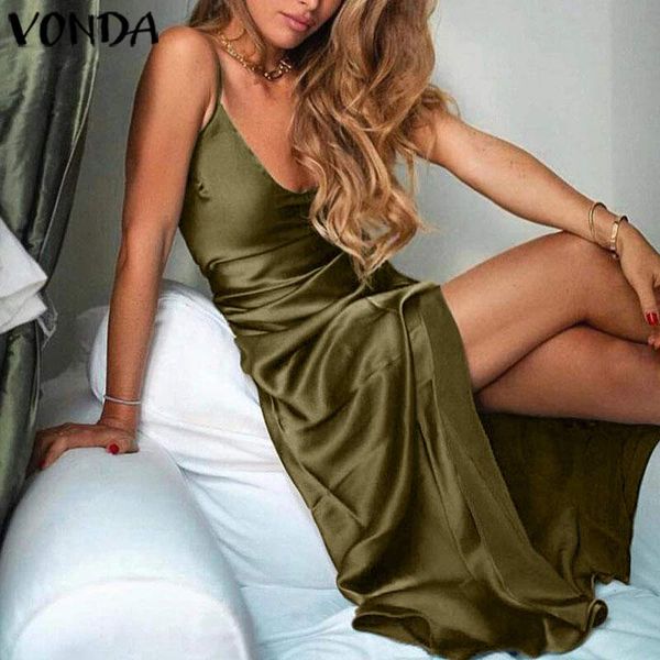 

casual dresses beach women dress vonda 2021 sleeveless maxi long loose split party vests plus size bohemian sundress, Black;gray