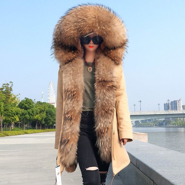

long fur parka warm winter jacket coat women plus size real big raccoon fur collar hooded thicken overcoat clothing, Black