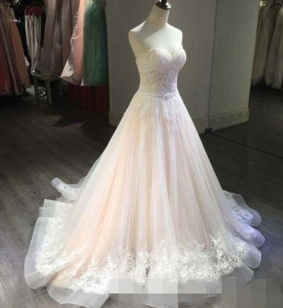 

blush pink organza ball gown wedding dresses sweetheart neckline lace applique sequins beaded wedding bridal gown custom made, White