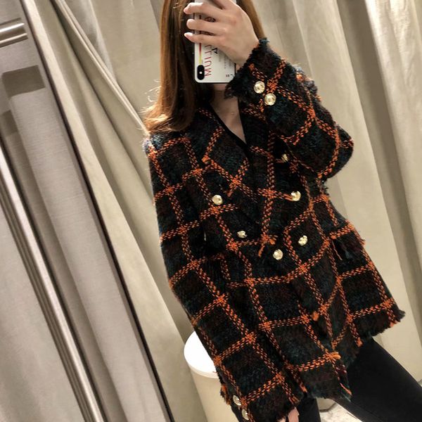 

double breasted frayed vintage checked tweed blazers coat women 2020 fashion pockets plaid ladies outerwear casual casaco femme, White;black