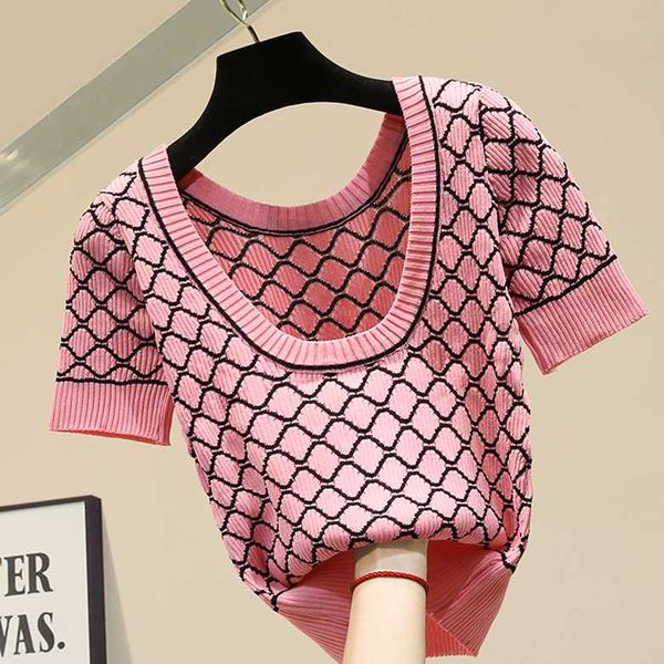 

deep neckline knitted ice silk t shirt black loose cotton short sleeve t-shirt female tees 2020 new summer women t-shirt student, White