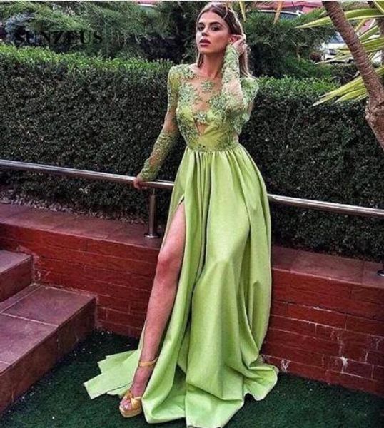 

lime green a line prom dresses with long sleeves appliques bodice satin side slit evening dress party gowns, Black;red