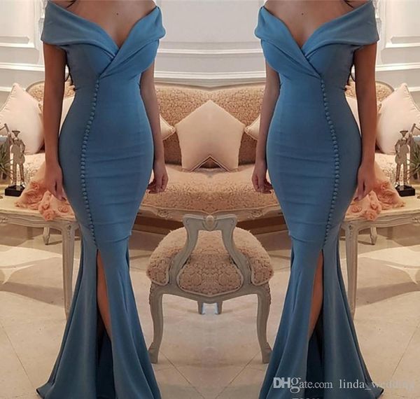 2019 Sexy Günstiges geteiltes ozeanblaues Abendkleid mit V-Ausschnitt, langes formelles Feiertagskleid, Abschlussfeier, Festzugskleid, nach Maß, Übergröße