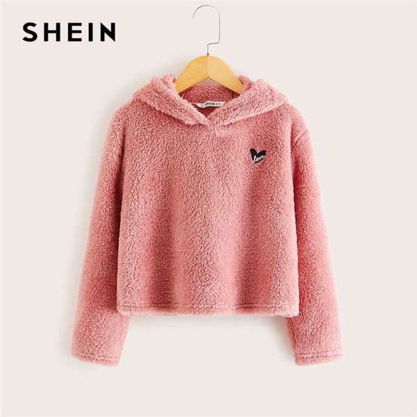 

shein kiddie pink embroidered front casual teddy hoodie children 2019 spring long sleeve teenagers autumn cute sweatshirts, Black