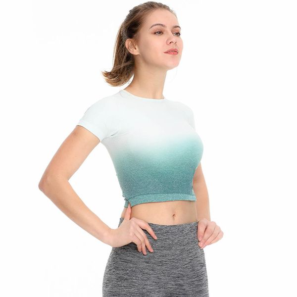 

new seamless gradient yoga wear women's gym fitness sports fashion short-sleeved t-shirt fitness clothing sports wear women, Gray;blue