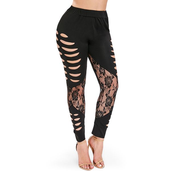 

2019 women summer fashion lace legging ripped hole ankle length pants casual trousers leggings plus size leggins fitness, Black