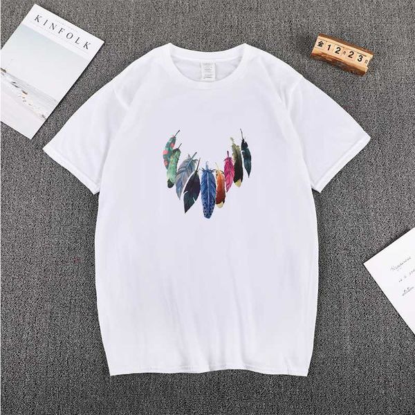

new t shirt women 2020 fashion t-shirt abstract feather printed short sleeve couples & tees o-neck couple t shirt, White