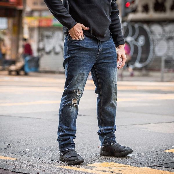 

men jeans stretch loose retro hole pleated bleached washed men denim jeans casual solid vintage straight male pants trousers, Blue