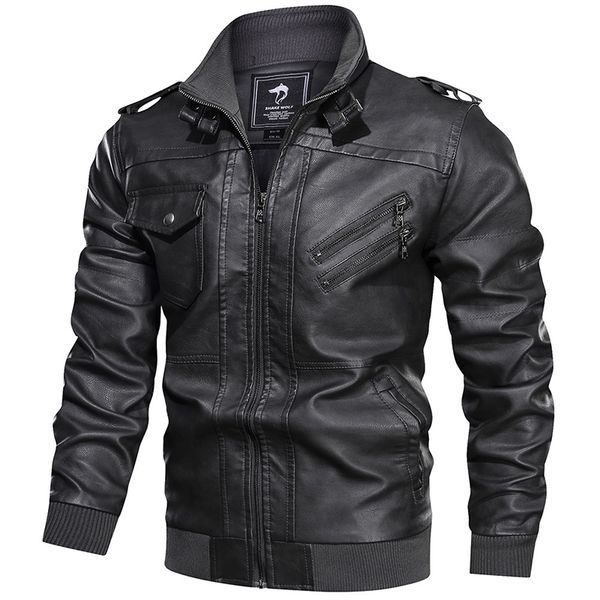 

aboorun autumn leather jacket men multi-pockets motorcycle biker faux leather jackets vintage casual pu jacket coat men, Black
