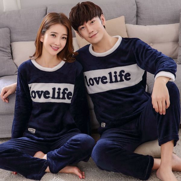 

couples thick warm flannel long sleeve pajamas sets women winter coral velvet sleepwear men homewear, Black;red