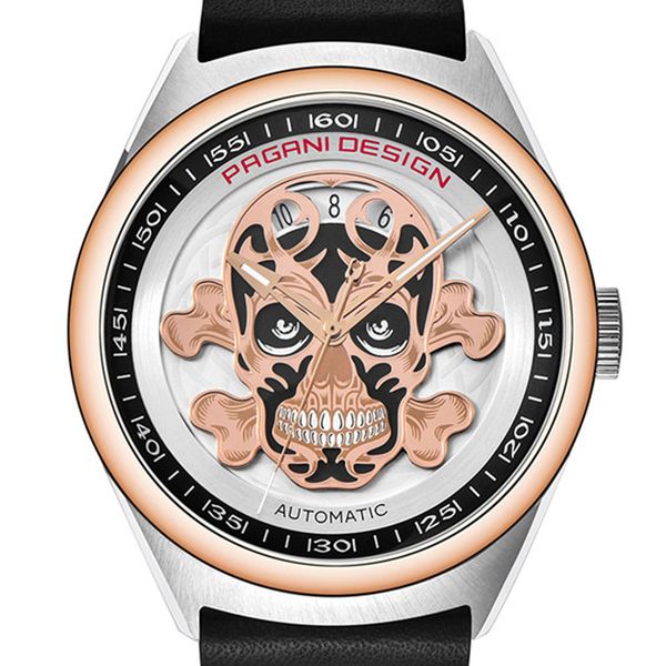 

43мм pagani дизайн золотой ободок кожа классический 3d череп панк стиль часы мужские случайные автоматических мужские механические часы, Slivery;brown
