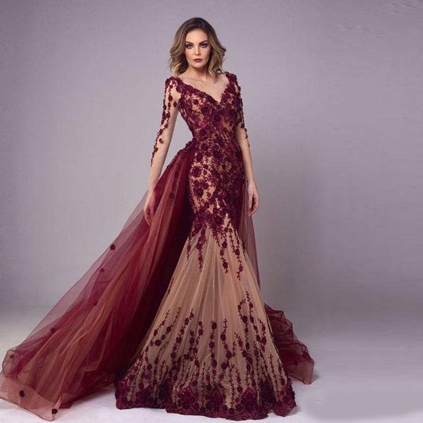 

vestidos de fiesta burgundy lace mermaid evening dresses with detachable train celebrity gown tulle hand made flower special occasion dress, Black;red