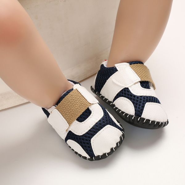 

2019 newborn baby pu leater crib shoes breathable mesh patchwork baby boy shoes infant soft sole crib anti-slip