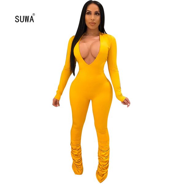 

deep v-neck solid jumpsuits lady pleated design long pants catsuits evening party new style sports playsuits romper, Black;white