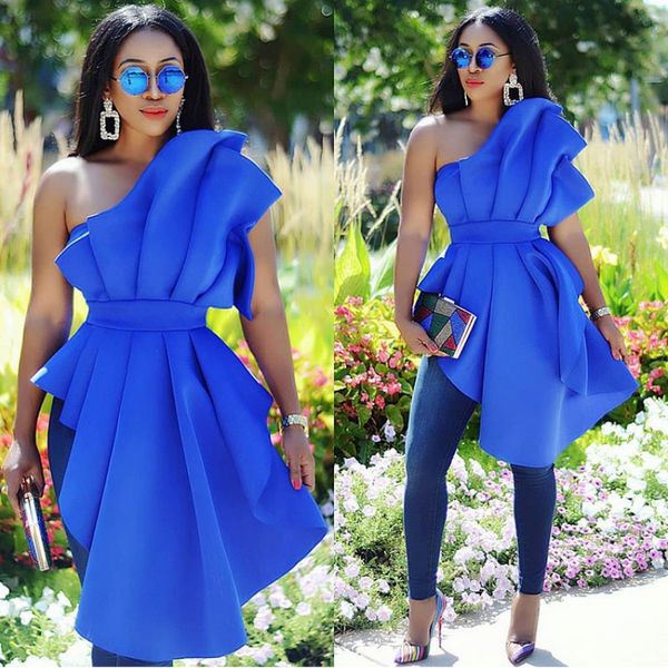 

2020 new design womens elegant casual dress royal blue solid irregular party dresses one shoulder ruffles dress size s-xxl, Black;gray