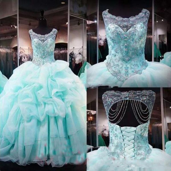 

новые бальное платье quinceanera платья sheer шеи jewel бисер кристаллы сладкие 16 пром платья плюс размер органзы рюшами vestidos 15 anos, Blue;red