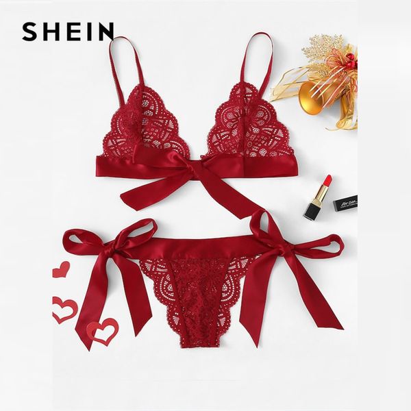 

shein red lace lingerie set women sleepwear v neck sleeveless lace scallop bralette and pantie intimate lingerie, Blue;gray