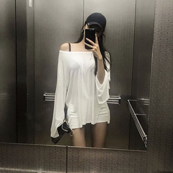 

east gate shoulder-exposed sunscreen cotton thin long-sleeved shirt loose sunscreen irregular t-shirt female, White