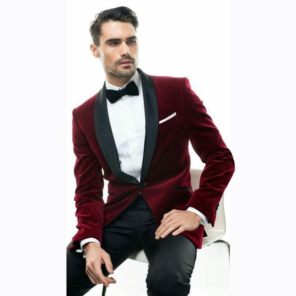 

burugndy velvet smoking jacket men suits black pants groom wedding tuxedo 2piece black shawl lapel prom party slim fit costume homme, Black;gray